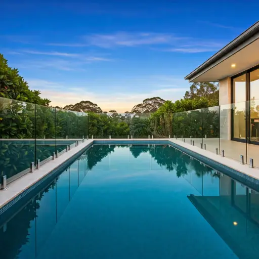 Frameless glass pool fencing along a lap pool at dusk