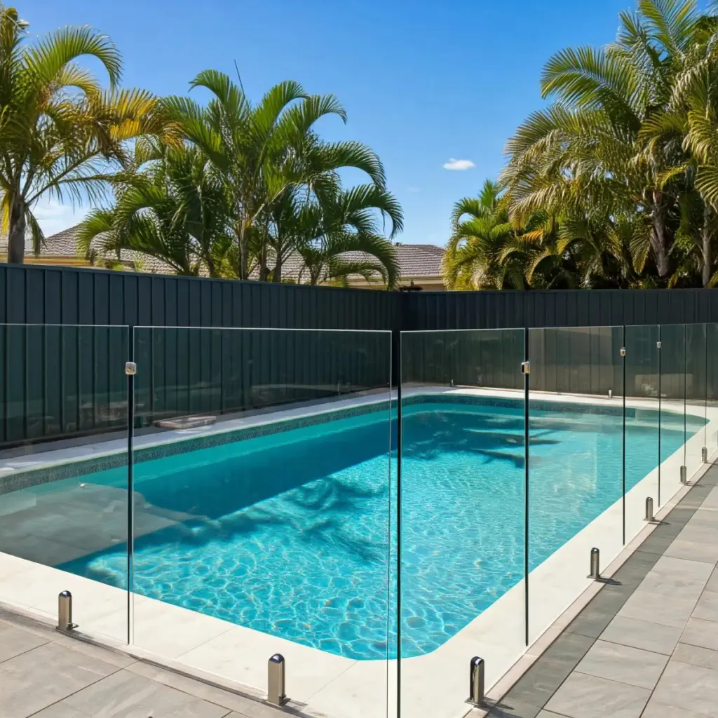Frameless glass pool fencing around a pool with tropical palm trees