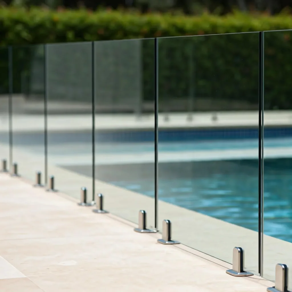 Close-up of a frameless glass pool fencing spigot fitting
