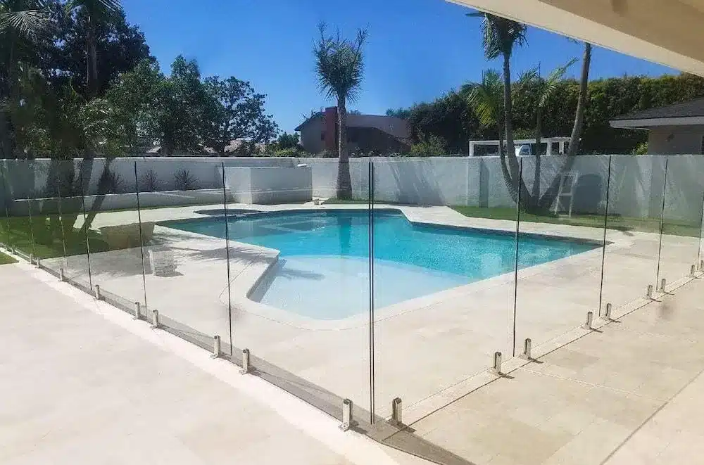 Frameless glass pool fencing around a palm-lined backyard pool